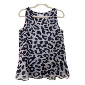 CABI sleeveless top Small,camo print black / blue-gray. Back open pleat Ruffle
